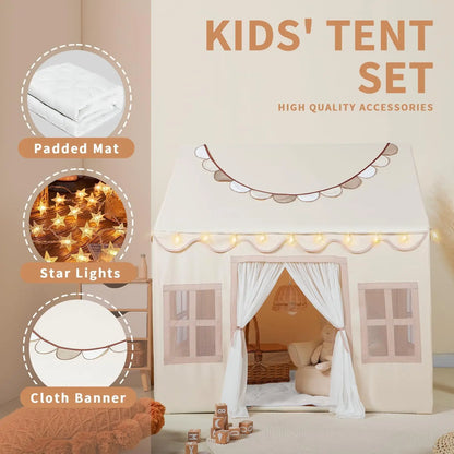 DreamHouse kids tent complete set showing scalloped roof panels mesh windows star fairy lights and assembly components
