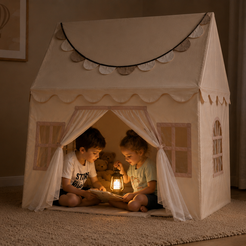 Two children playing inside a fabric playhouse with toys around, in a cozy room.