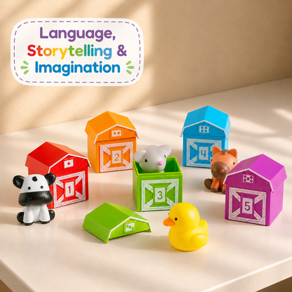 Colorful toy barns with animal figures on a beige surface, promoting language, storytelling, and imagination.