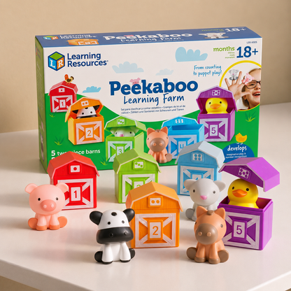 Learning Resources Peekaboo Learning Farm toy set with packaging on a white surface.