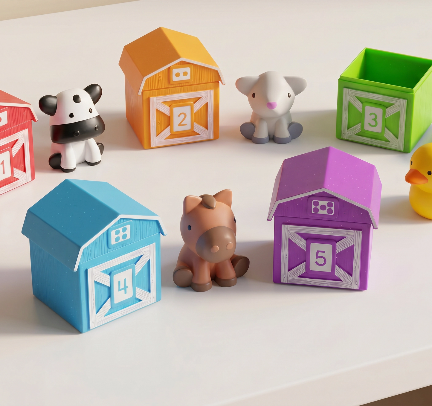 Colorful toy barns and farm animals on a white surface, speech, counting, imagination development
