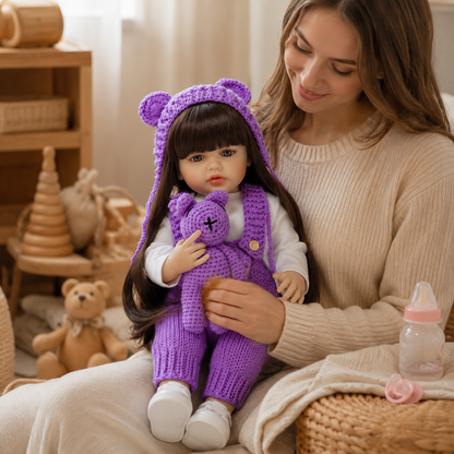Mother and child playing with Liora reborn baby girl doll nurturing play lifestyle showing caregiving emotional development