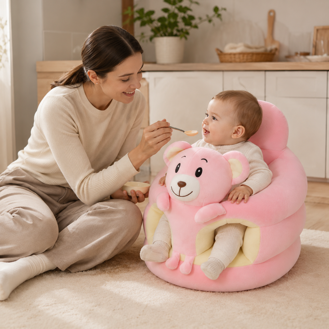 Woman feeding a baby in a pink bear-shaped chair in a home setting.