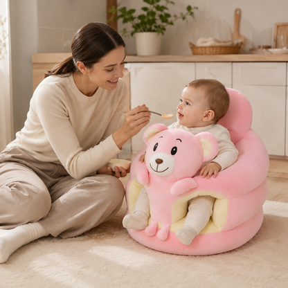 Woman feeding a baby in a pink bear-shaped chair in a home setting.