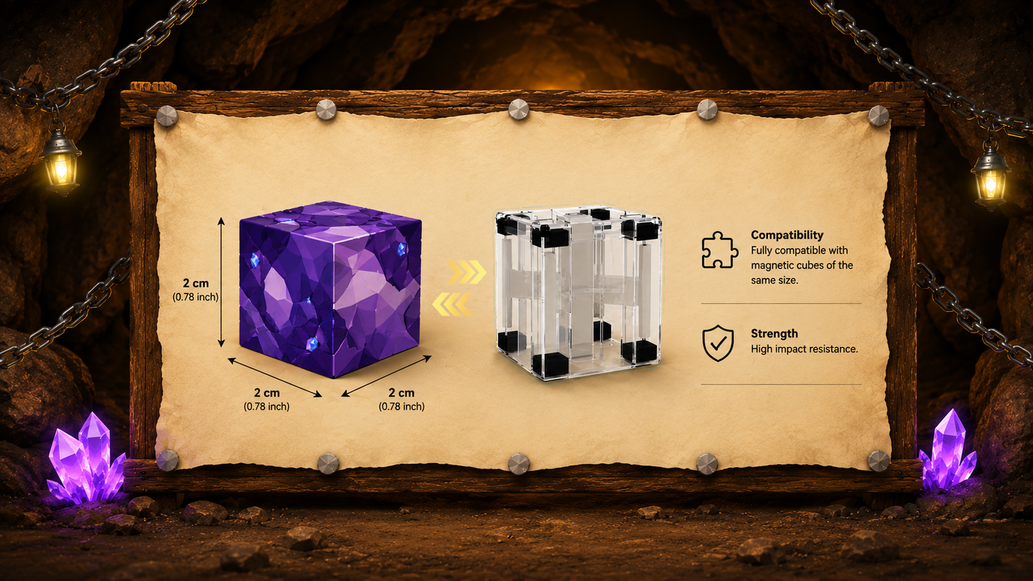 Two cubes, one purple and one clear with black accents, on a rustic wooden background with text and graphics.