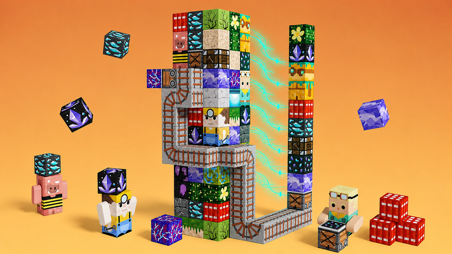 Colorful block-style characters and structures on an orange background