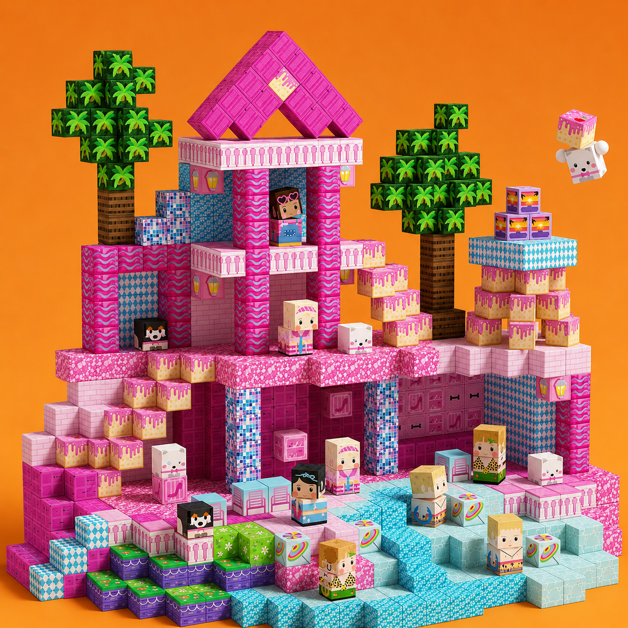 Toy minecraft style building set with pink castle-like structure