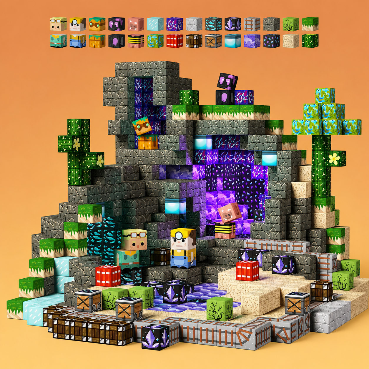 Minecraft-style block structure with characters and items on an orange background