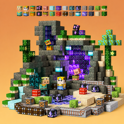 Minecraft-style block structure with characters and items on an orange background