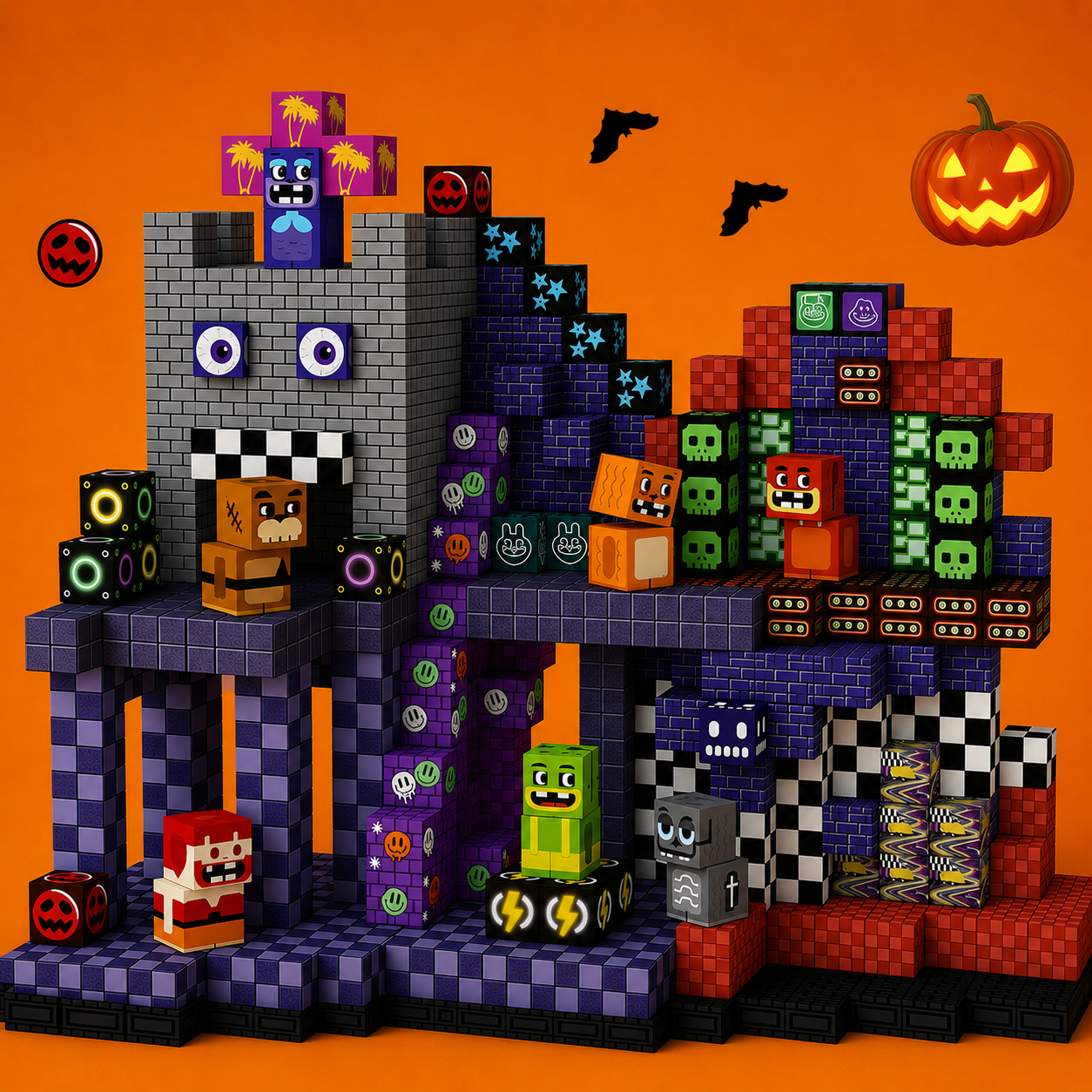 Halloween-themed building block set with characters on an orange background