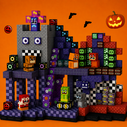 Halloween-themed building block set with characters on an orange background