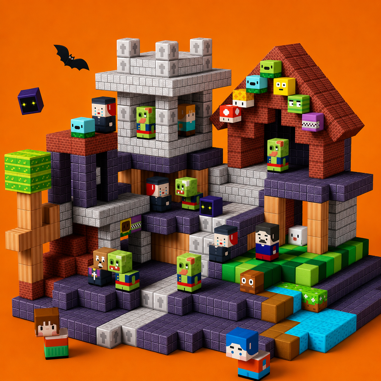 Toy castle building blocks set with character figures on an orange background