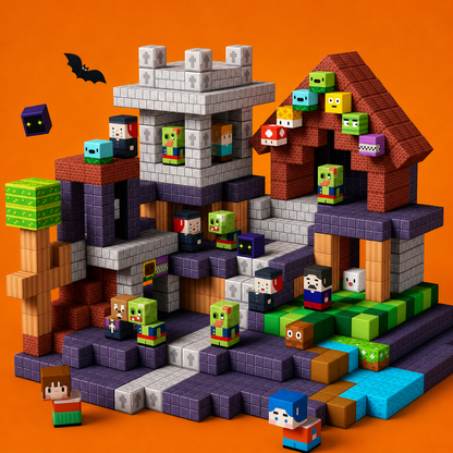 Toy castle building blocks set with character figures on an orange background