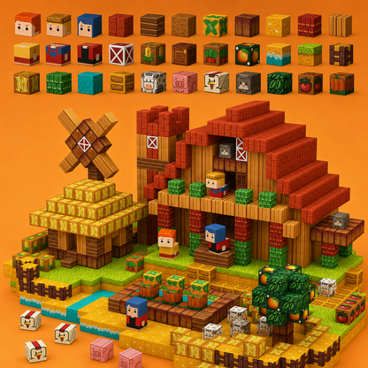 Minecraft-style village with characters and buildings on an orange background