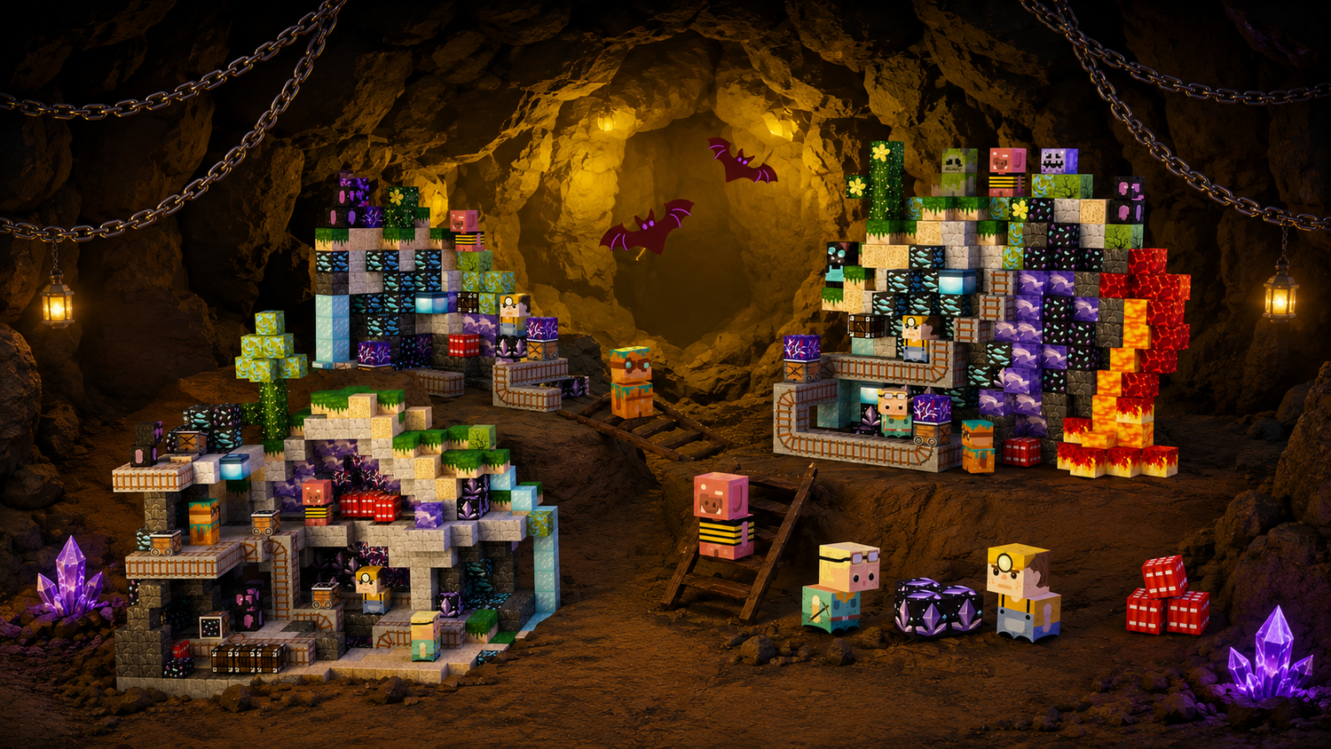 Minecraft-style pixel blocks in a cave with various structures and creatures.