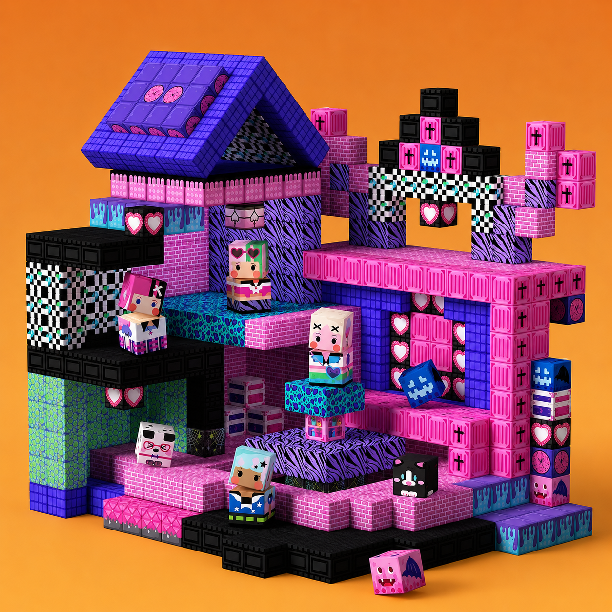 Colorful toy building set with character figures magnetic building block cubes