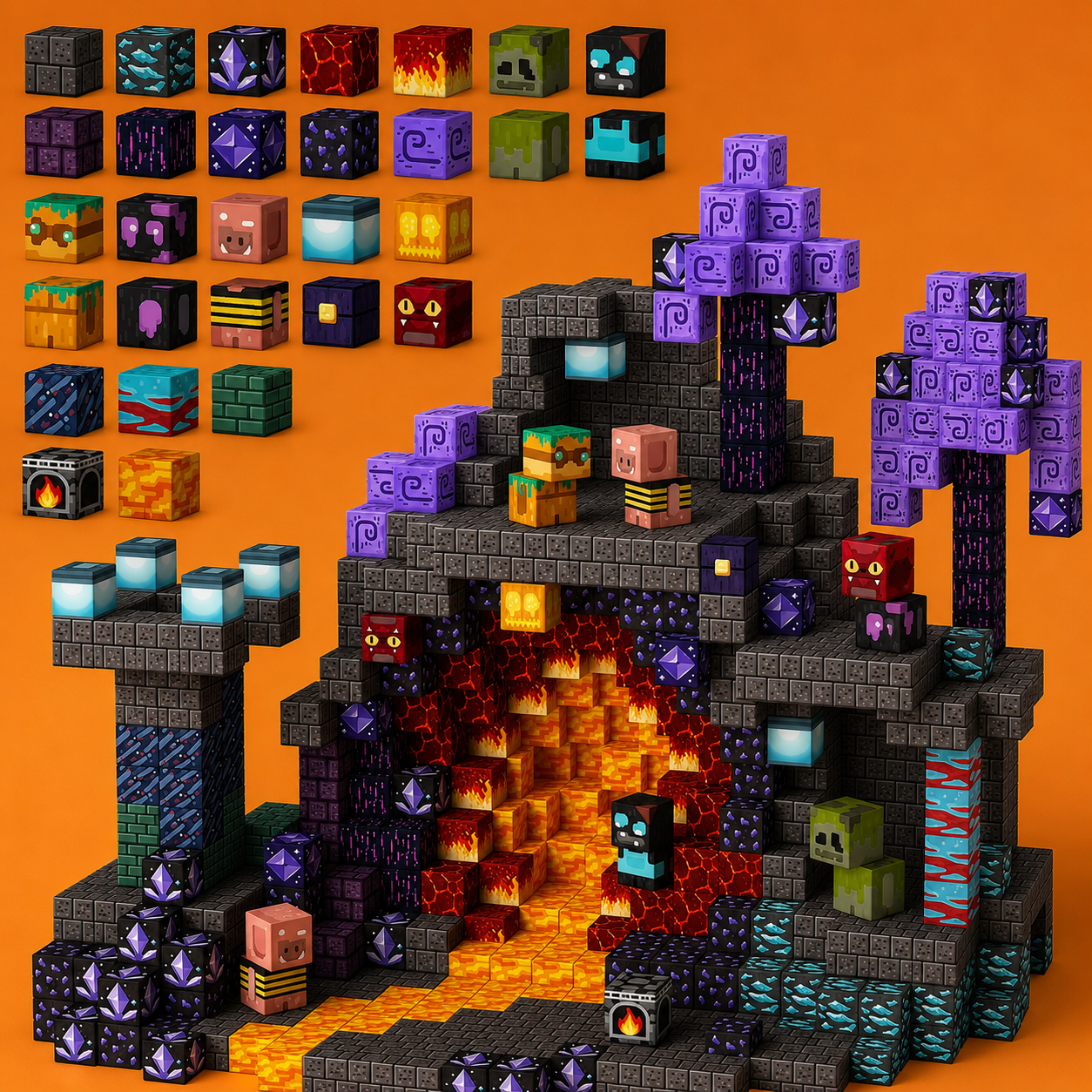 3D block structure with various block designs on an orange background