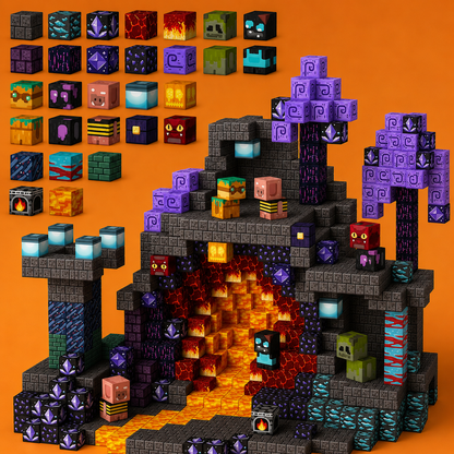 3D block structure with various block designs on an orange background