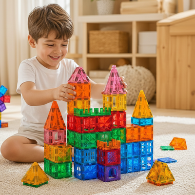 A young boy in a green shirt and blue jeans sits on a carpeted floor in a bright playroom, building a colorful translucent magnetic block castle with towers and pyramids.