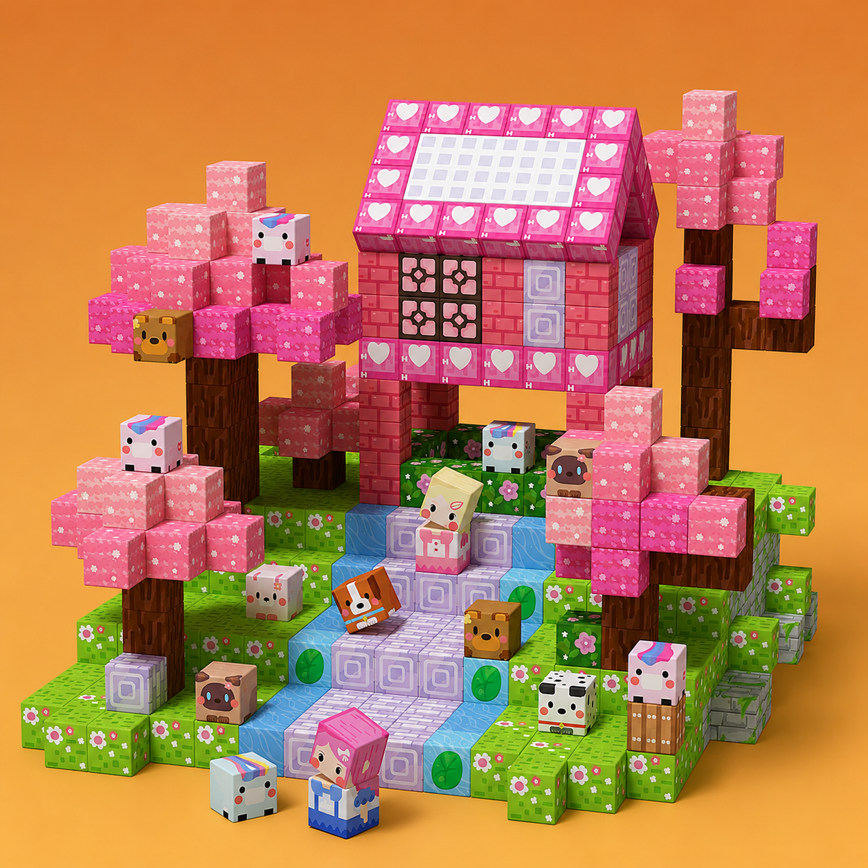 Toy building set with pink castle and animal figures, minecraft style ideal kids gift