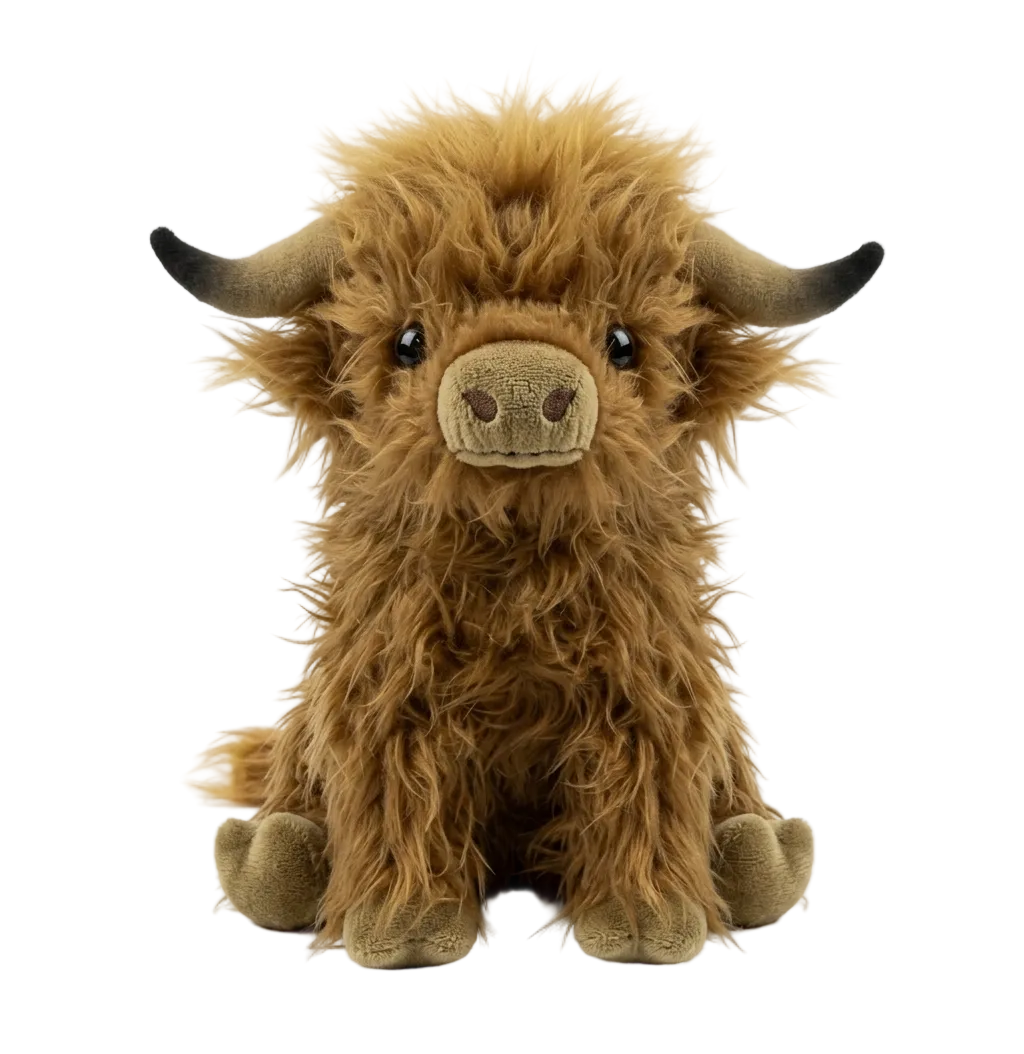Plush toy highland cow on a white background