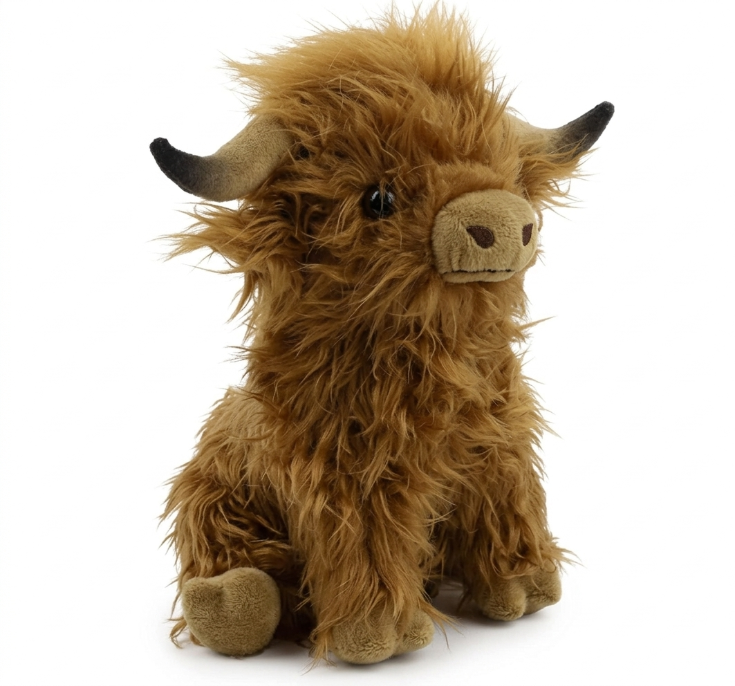Plush toy of a brown Highland cow on a white background