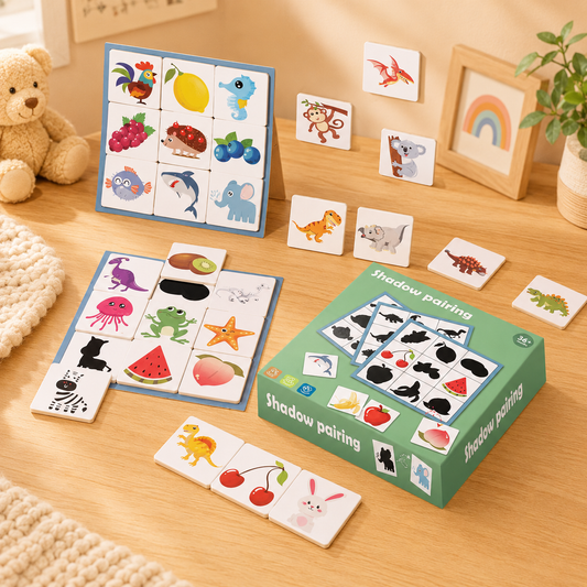 Shadow pairing children's puzzle card game set displayed on a wooden table, including a green storage box, two assembled matching cards, loose cards