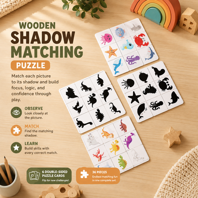 A wooden shadow matching puzzle set displayed on a light wood tabletop, with printed cards showing animal silhouettes and matching shadow images.
