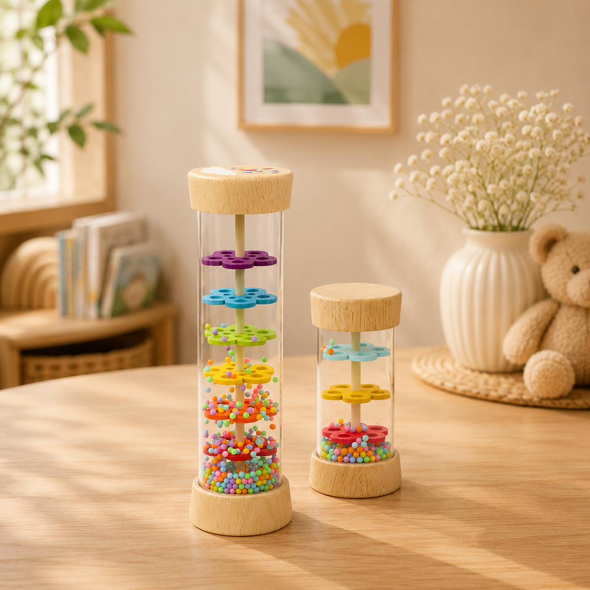 Two wooden bead garland spinner toys in clear cylindrical tubes stand on a light wood table in a warm, softly lit room. One larger toy and one smaller toy, both with natural wood tops and bases, contain colorful beads and rotating flower-shaped spindles in purple, green, yellow, orange, and red.