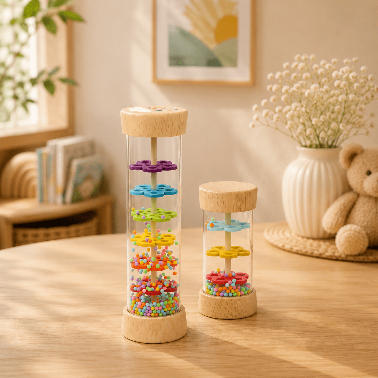Two wooden bead garland spinner toys in clear cylindrical tubes stand on a light wood table in a warm, softly lit room. One larger toy and one smaller toy, both with natural wood tops and bases, contain colorful beads and rotating flower-shaped spindles in purple, green, yellow, orange, and red.