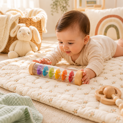 A baby in a cream onesie lies on a quilted cream play mat, reaching toward a clear cylindrical toy with colorful spinning shapes and wooden ends. 
