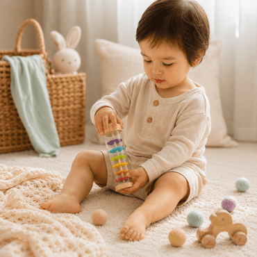 A toddler sits on a cream carpet in a bright room, holding a clear cylindrical toy with stacked colorful rings. 