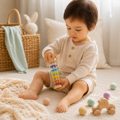 A toddler sits on a cream carpet in a bright room, holding a clear cylindrical toy with stacked colorful rings. 
