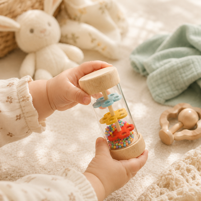 A baby's hands hold a wooden toy cylinder with colorful beads and rotating rings. 