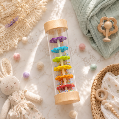 A wooden and clear baby sensory toy with colorful plastic rings and multicolored beads inside a transparent cylindrical container with light wood ends, styled on a marble surface with soft baby props.