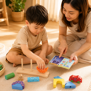 A young child and a woman sit on a woven rug in a sunlit room, playing with colorful wooden toy blocks and a peg board.