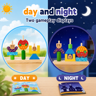 A children's toy set titled 'day and night' shown in a split daylight and nighttime display. 