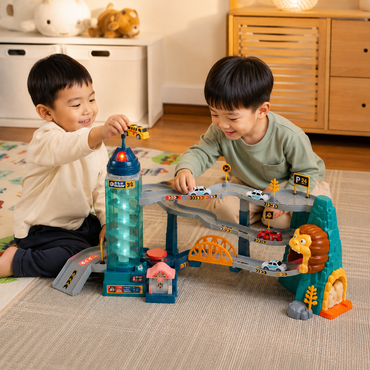 Two young children playing with a toy parking lot set 