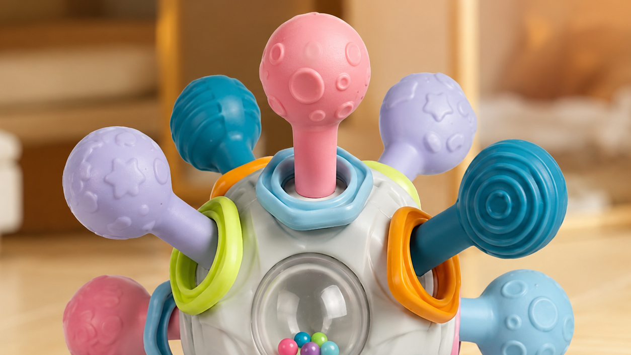 Multisensory Orbit Ball | Baby Teether, Rattle & 180° Clicking Toy with internak bell