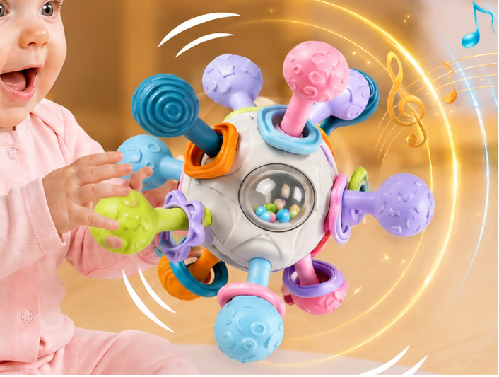 Multisensory Orbit Ball | Baby Teether, Rattle & 180° Clicking Toy with rattle balls