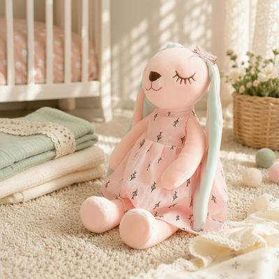 Pink plush bunny toy with a dress in a nursery setting