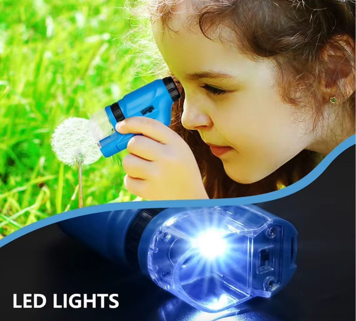 Child holding a blue LED light near a dandelion with a close-up of the light below.