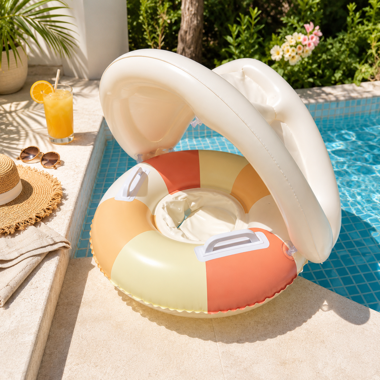 An inflatable baby pool float with a white canopy shade sits by a swimming pool. The float has pastel sections of orange, cream, and peach, with white handles.