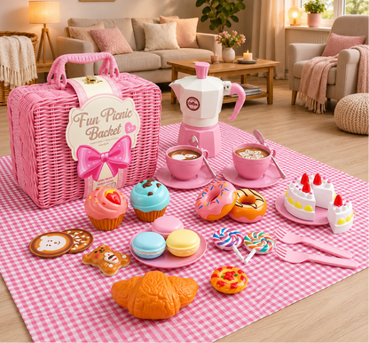 Pink picnic set with basket, teapot, and food items on a checkered tablecloth in a living room.