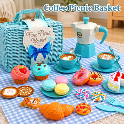 Toy picnic set with a blue picnic basket, coffee pots, and miniature food items on a checkered tablecloth.