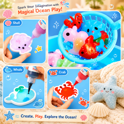children's ocean-themed craft play set: colorful toy fish and shell shapes being filled with glitter or paint, plus a plush starfish and seashell props