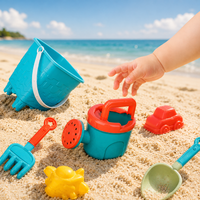 A set of colorful plastic beach toys including a bucket, watering can, shovel, rake, and toy car arranged on sand at the beach, with a child's hand reaching toward the watering can.