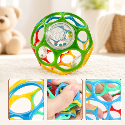 Colorful ball toy with multiple views on a soft surface