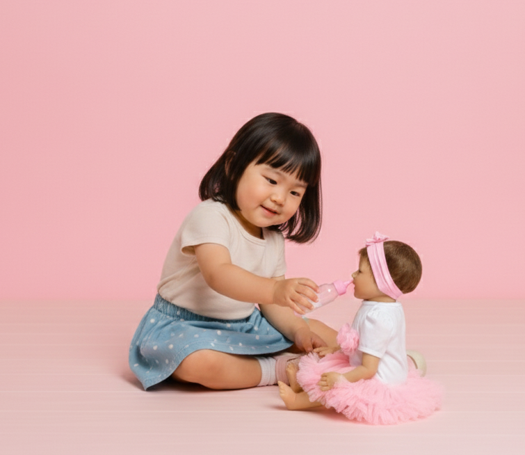 Child playing with a doll on a pink background