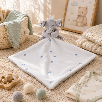 Gray elephant plush toy on a white blanket with baby items around in a cozy room.